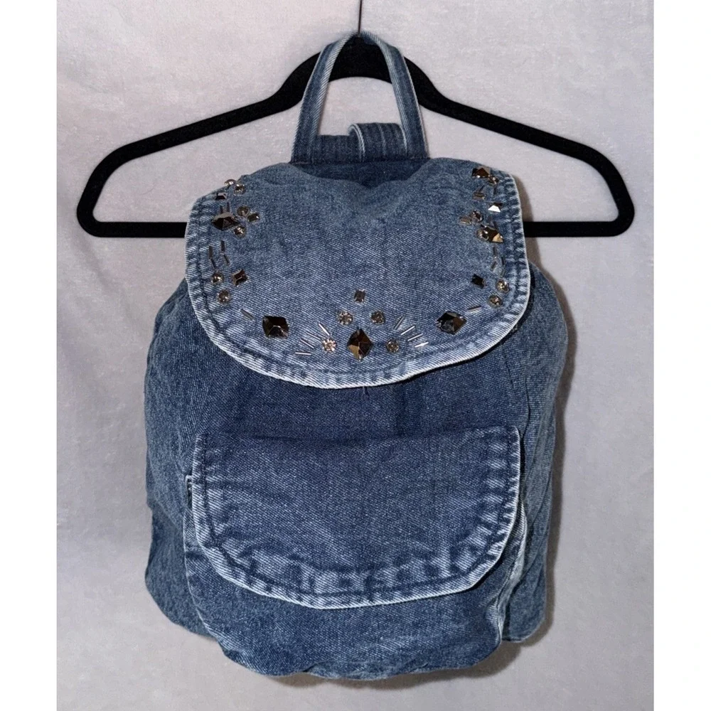 NWT Joe Boxer Denim Backpack Featuring An Embellished Flap W/ Beads Accents Y2K